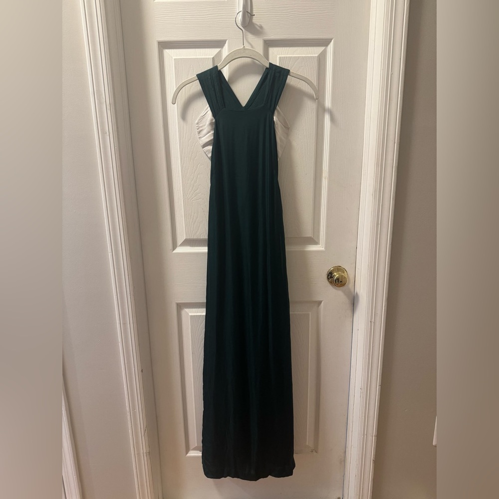 Long Satin Green Dress With Large white bow on back